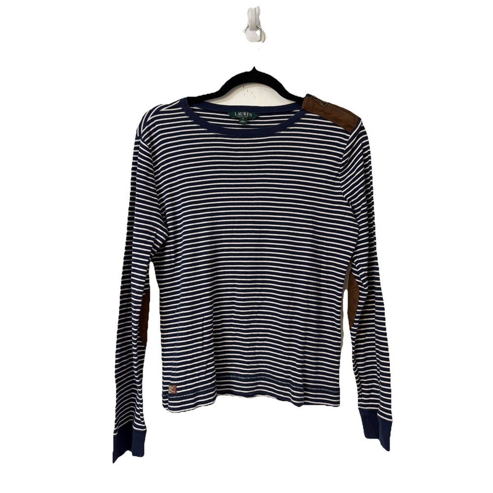 Lauren Ralph Lauren XL Blue Striped‎ Equestrian Pullover Sweater Elbow Pads